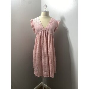 Woman's Summer Cotton Dress Babydoll BOHO Beach Pink Feminine Eyelet Size Medium